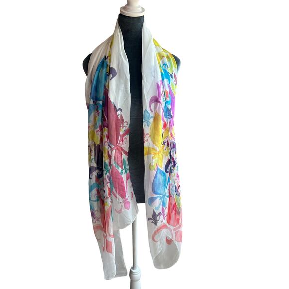 Chiffon- Purple Pumpkin- XL Shawl Scarf- White Multicolor Pattern fleur-de-lis - Picture 1 of 5